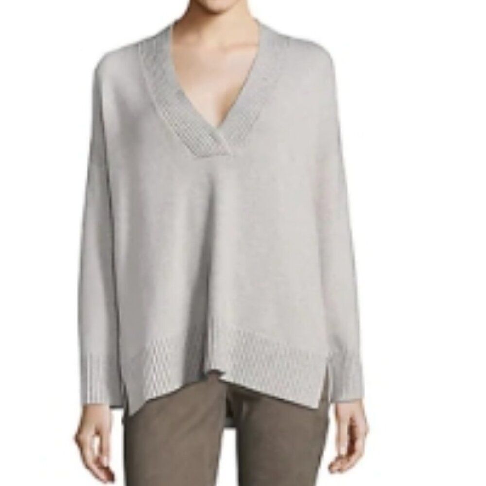 Lafayette 148 New York Oversized V-neck Cotton Silk Grey Sweater in Size S
